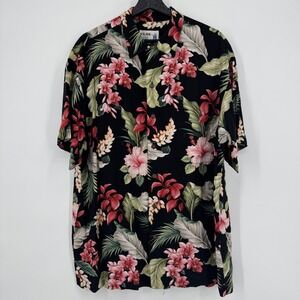 IOLANI Mens Large Hawaiian Shirt Black Floral Print Short Sleeve Made in Hawaii